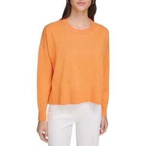 DKNY Orange Blossom Crewneck Stud Trim Split Hem Oversized Sweater Large NWT